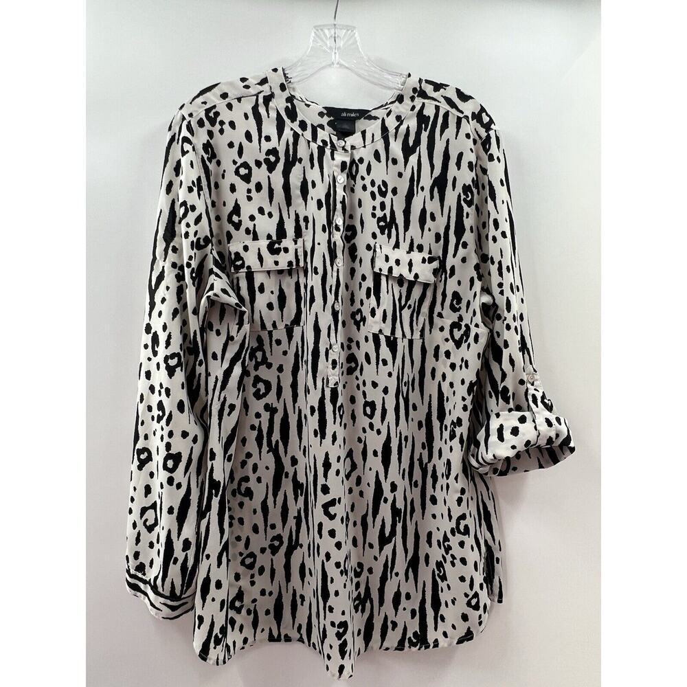 Ali Miles Women’s Roll Tab Sleeve Animal Print Popover Black Beige Size Large - Picture 7 of 7